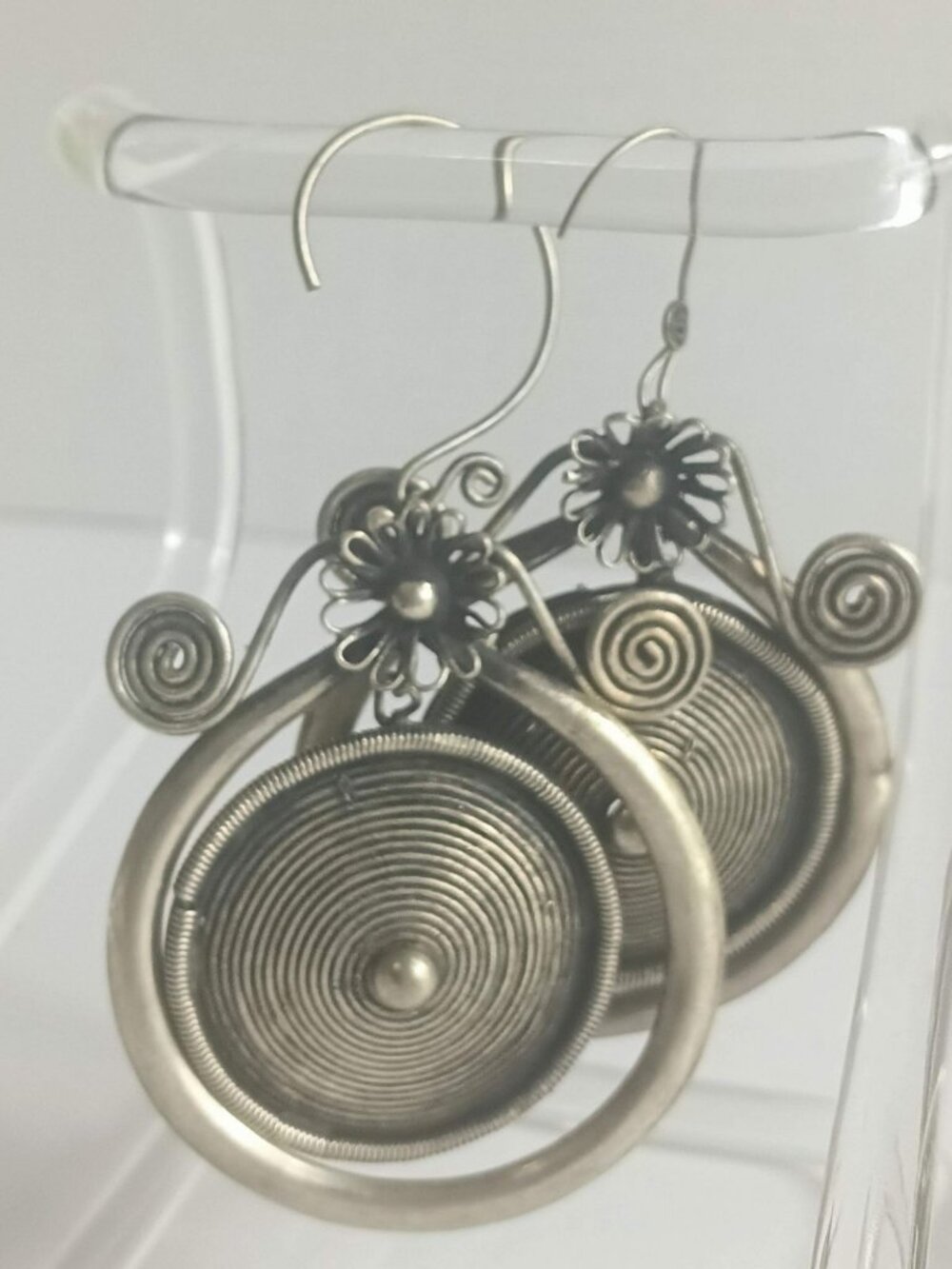 Miao Silver Hmong Tribal Earrings South China Handmade Ceremonial Jewelry Floral